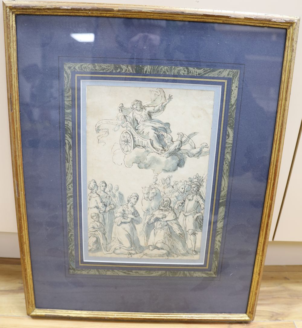 Old Master, ink and wash, Figures kneeling beneath a flying chariot, 31 x 20cm